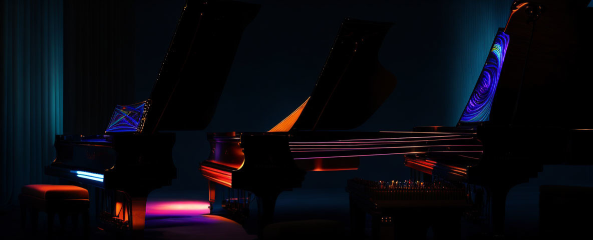 Dimly Lit Room with Three Grand Pianos and Neon Lights