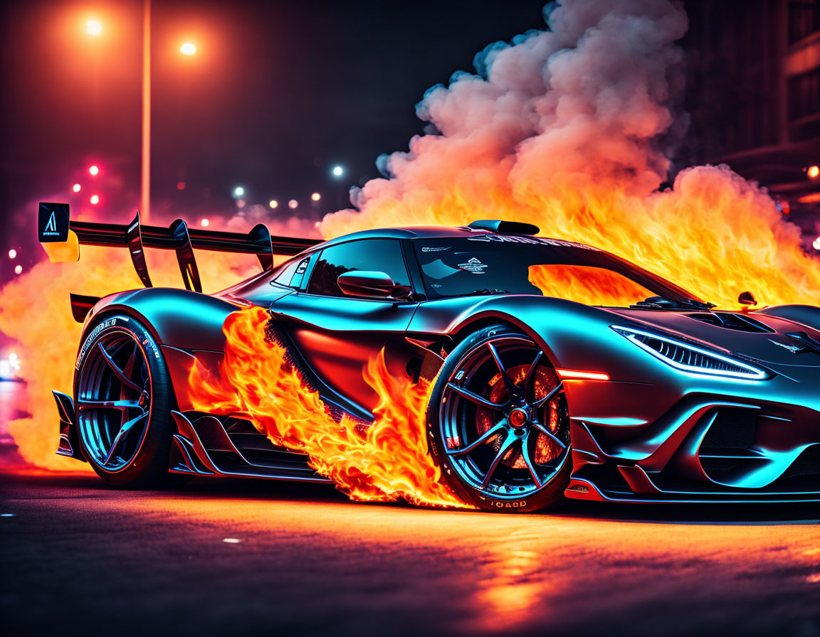 Flaming sports car on city street at night