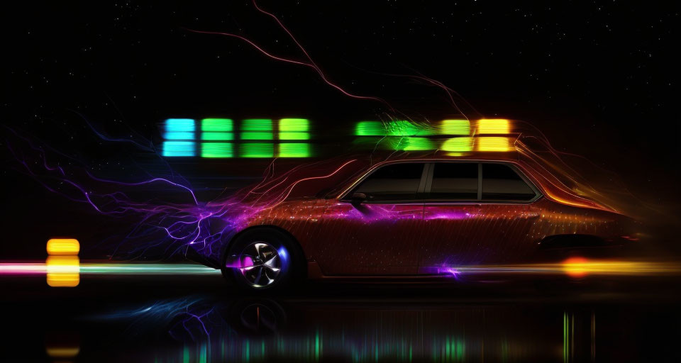 Glossy Car Lit by Colorful Neon Lights on Dark Background