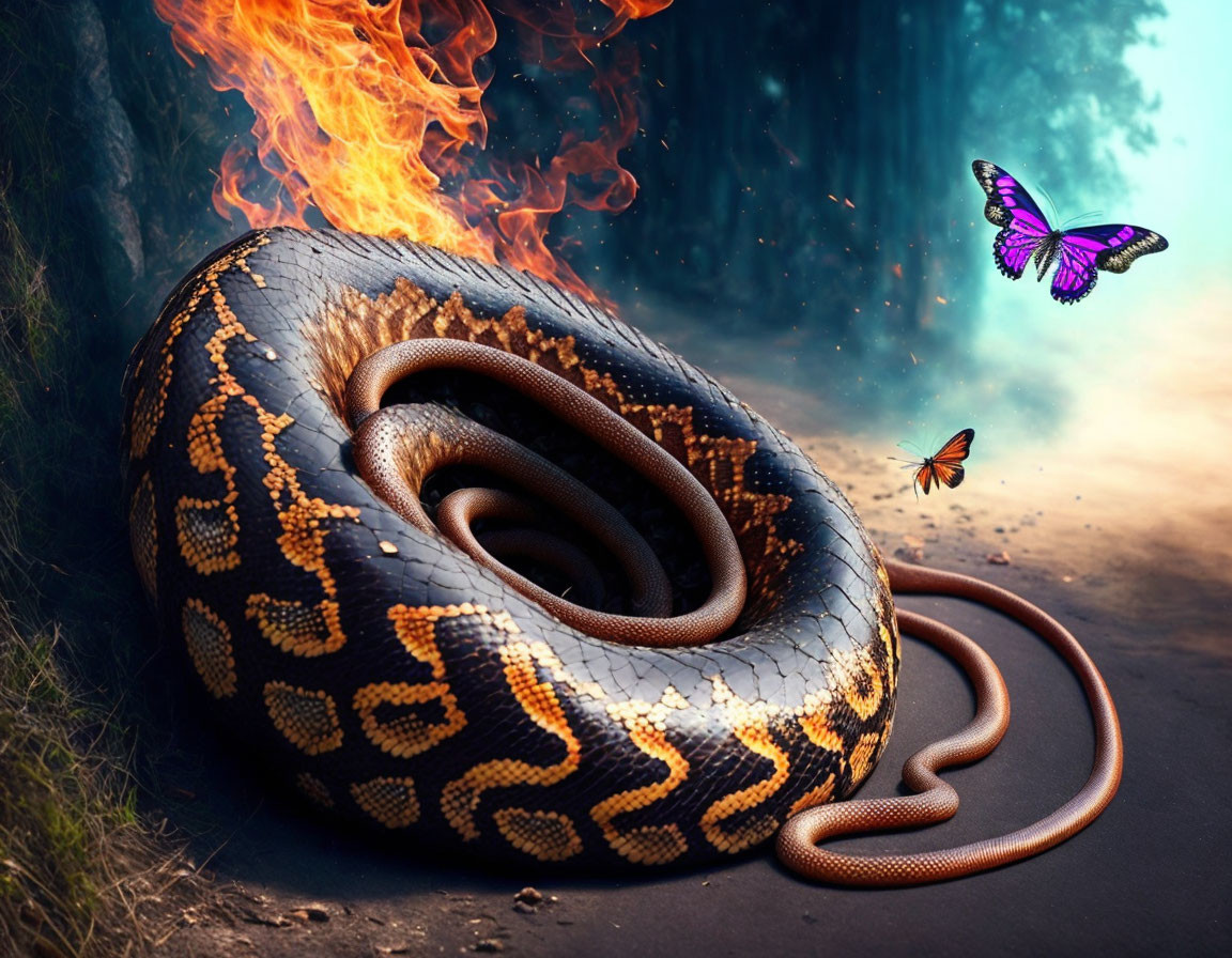 Flaming snake with butterflies in surreal fantasy scene