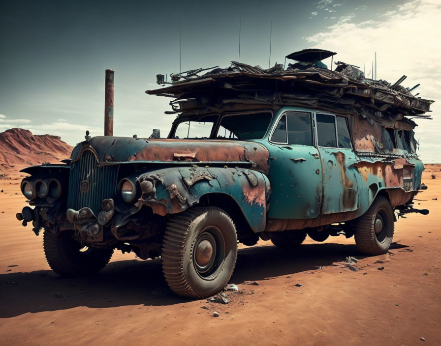 Rusted multi-windowed vehicle with wood load in desert landscape