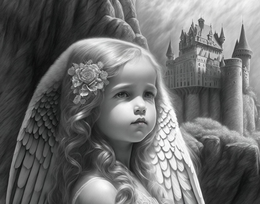 Monochrome digital art of angelic girl by fantasy castle