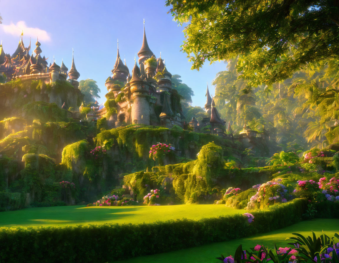 Fairytale Castle with Spires on Green Hills and Vibrant Gardens