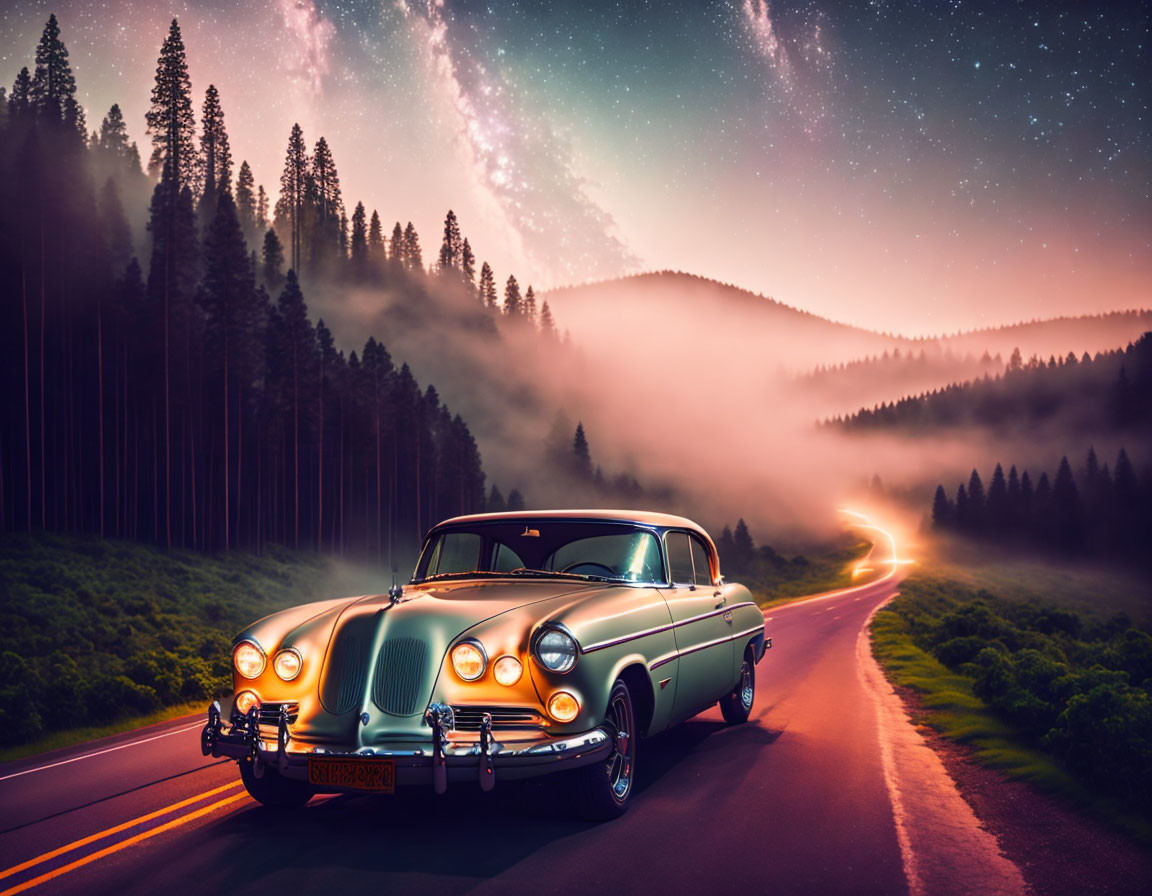 Starry Roadtrip with Vintage Car