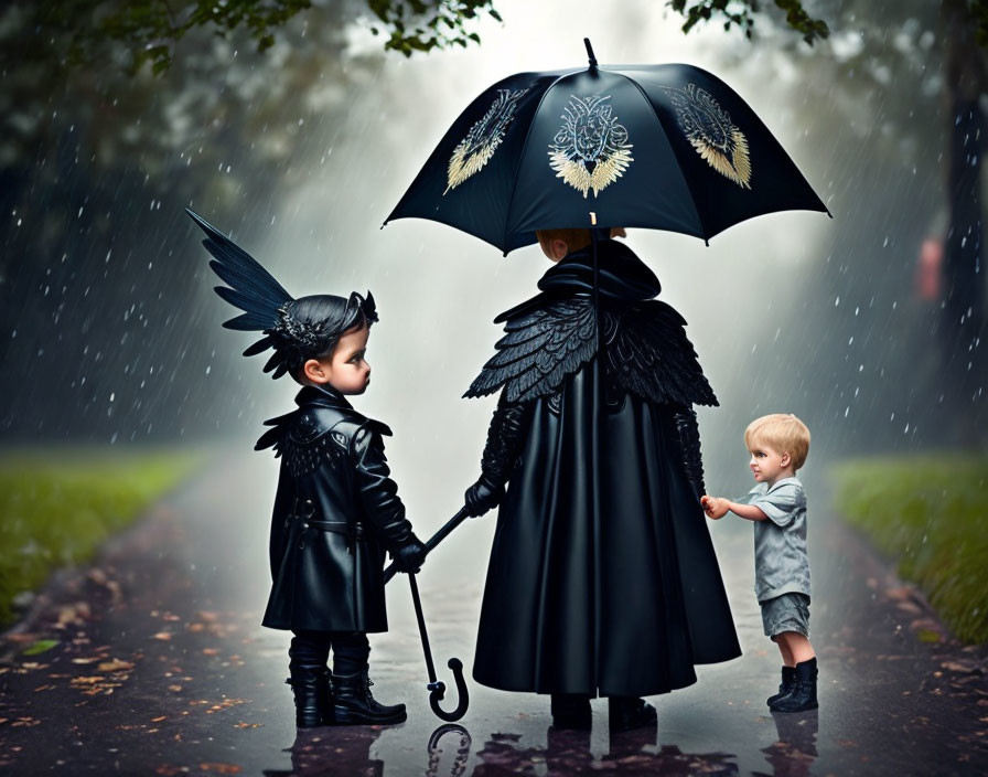 Children in angelic costumes with wings under black umbrella on rainy path among greenery