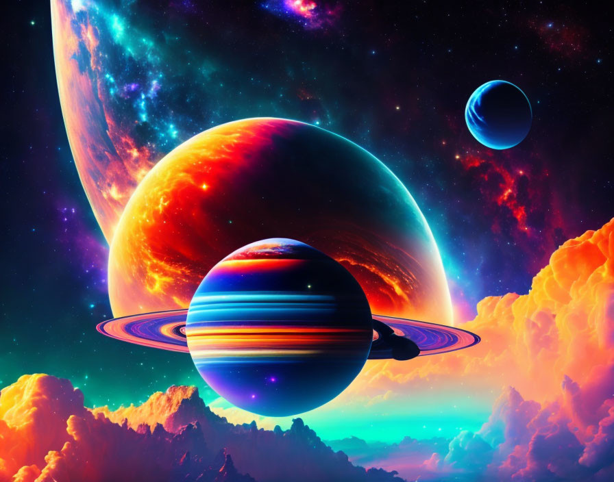 Colorful Space Scene with Planets, Nebulas, Stars, and Cosmic Clouds