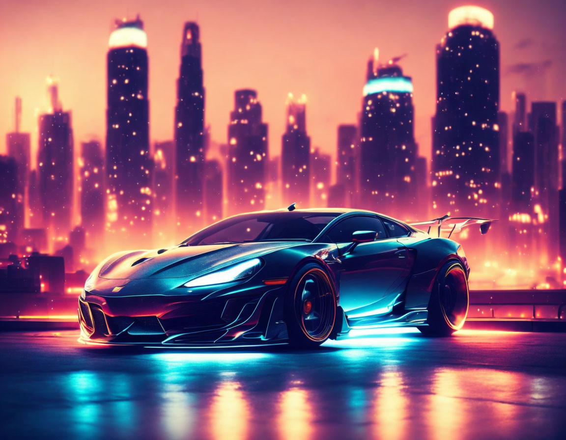Black sports car under neon city lights and futuristic skyscrapers at twilight