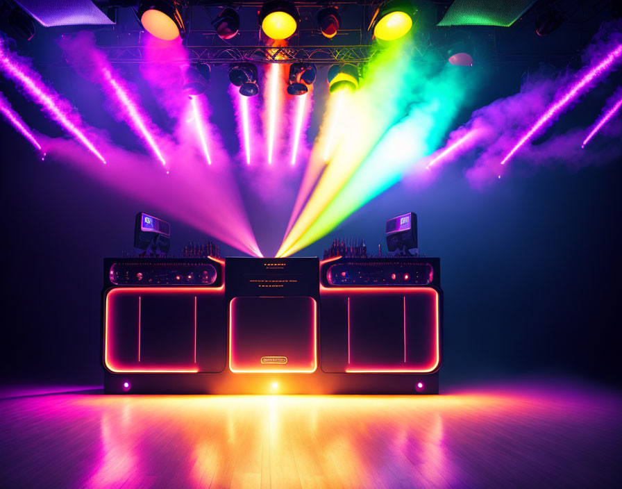 Colorful Stage Lights Illuminate Vibrant DJ Booth