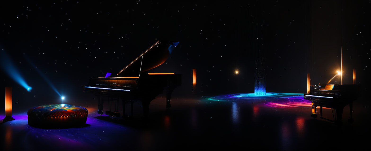 Dual Grand Pianos on Stage with Colorful Lighting and Starry Background