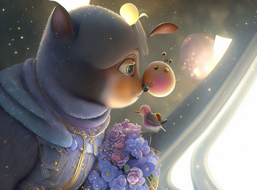 Anthropomorphic cat in blue outfit with flowers, bird, and bee-like creature in cosmic setting.