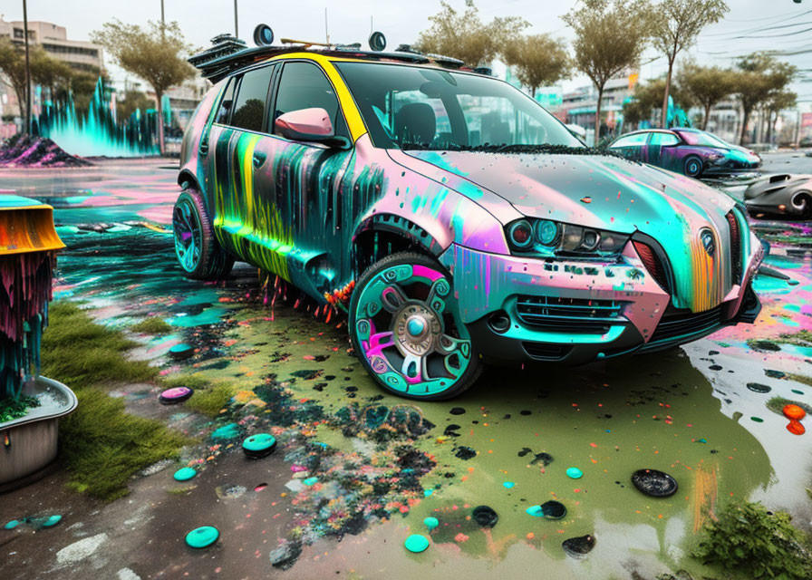 Vibrant graffiti-style paint splashes on car and street