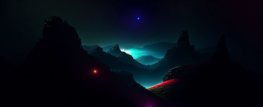 Mountainous Night Landscape with Neon Glow and Starry Sky