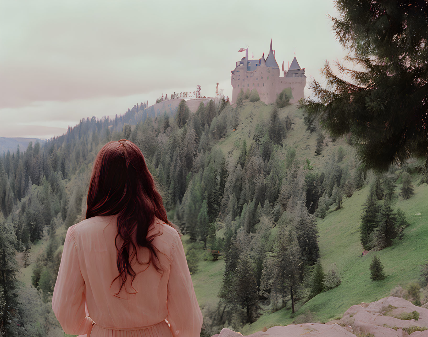 Woman in light blouse gazes at distant castle on lush hillside with coniferous trees under cloudy