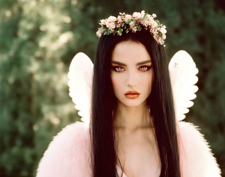 Dark-haired person with red lipstick, angel wings, floral crown, and green backdrop.