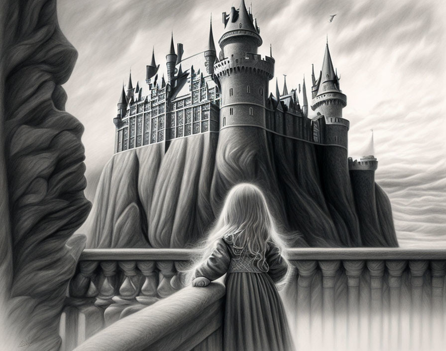 Monochromatic illustration of young girl admiring castle on cliff with towers and birds