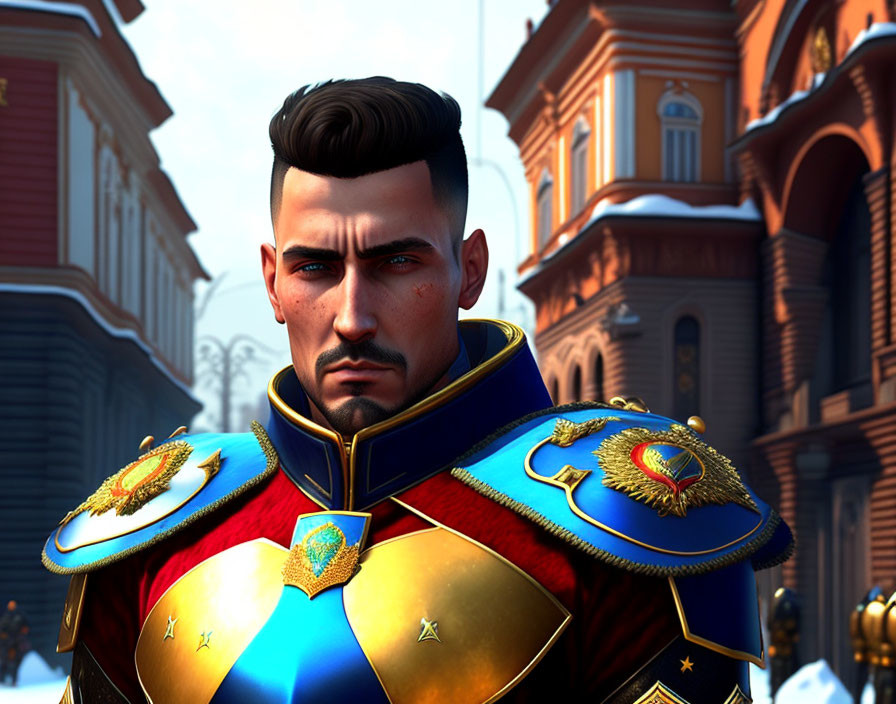 Male character in regal blue and gold armor with emblem, styled undercut, against blurred building backdrop