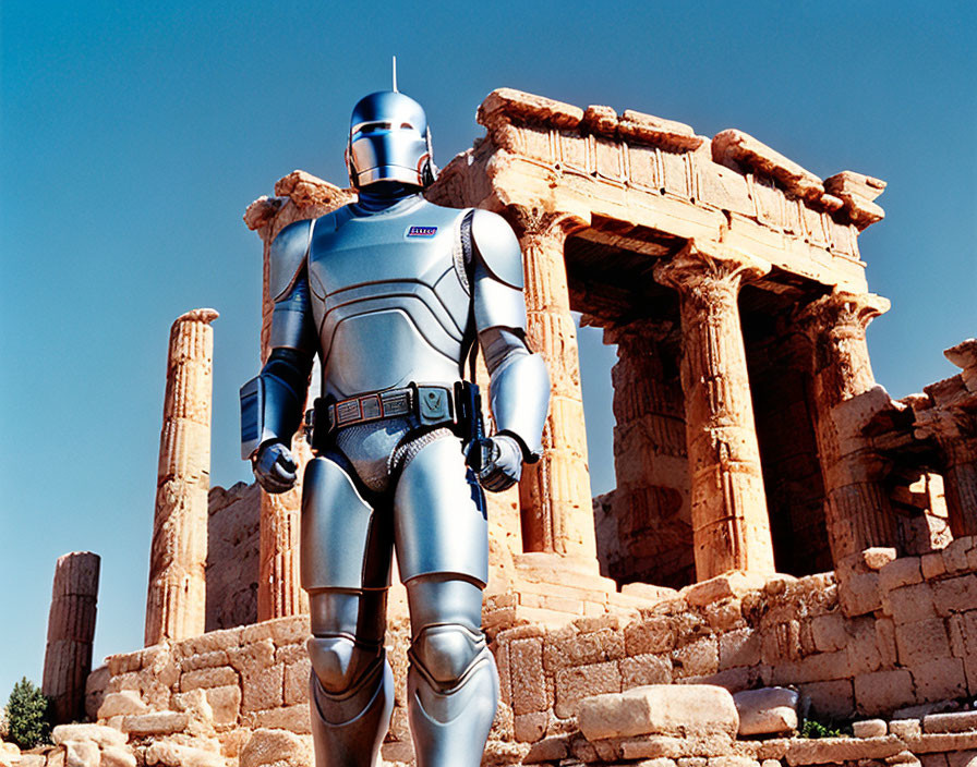 Metallic Blue Humanoid Robot in Ancient Greek Ruins