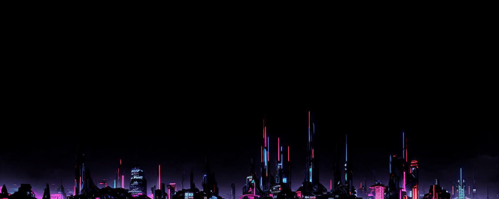 Futuristic city skyline at night with neon lights and skyscrapers