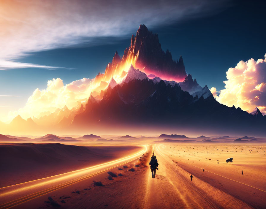 Person biking towards fiery sunset mountain range in desert landscape