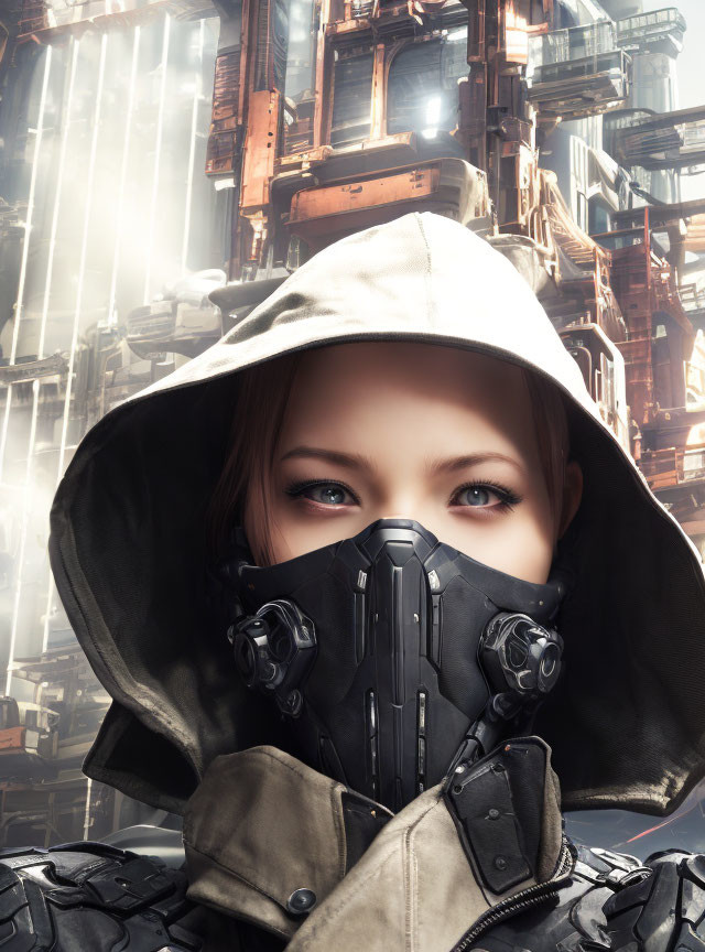 Blue-eyed person in hood and black mask in front of futuristic industrial backdrop.