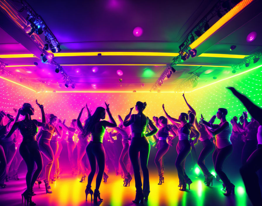 Vibrant club party with people dancing under colorful lights