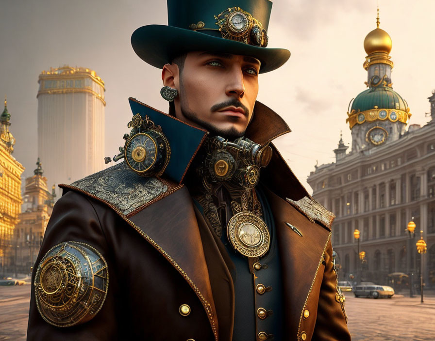 Steampunk-themed man in top hat with mechanical accessories against ornate city backdrop at sunset