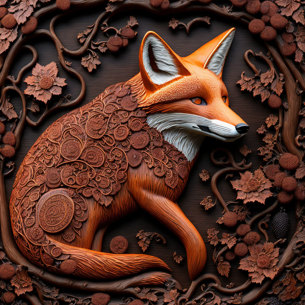 Intricately Carved Wooden Fox with Floral and Acorn Patterns