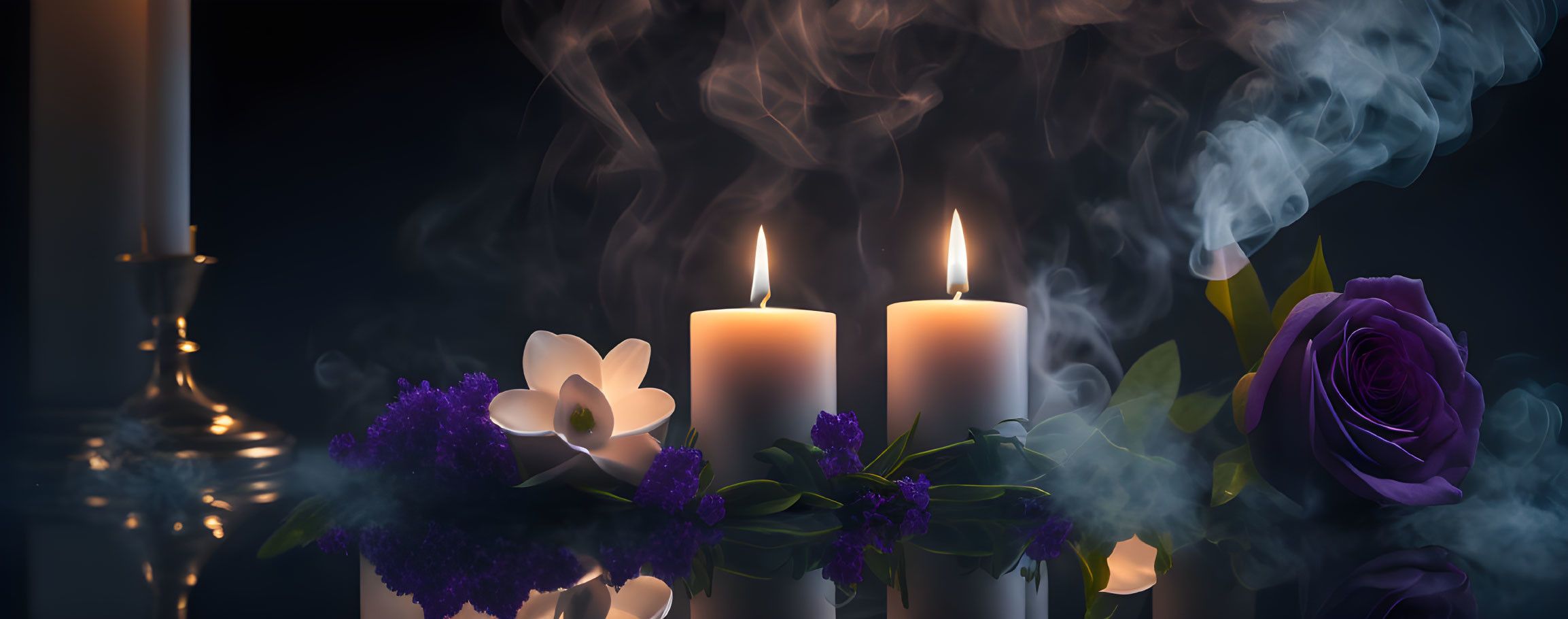 candles, mirror, flowers, smoke background