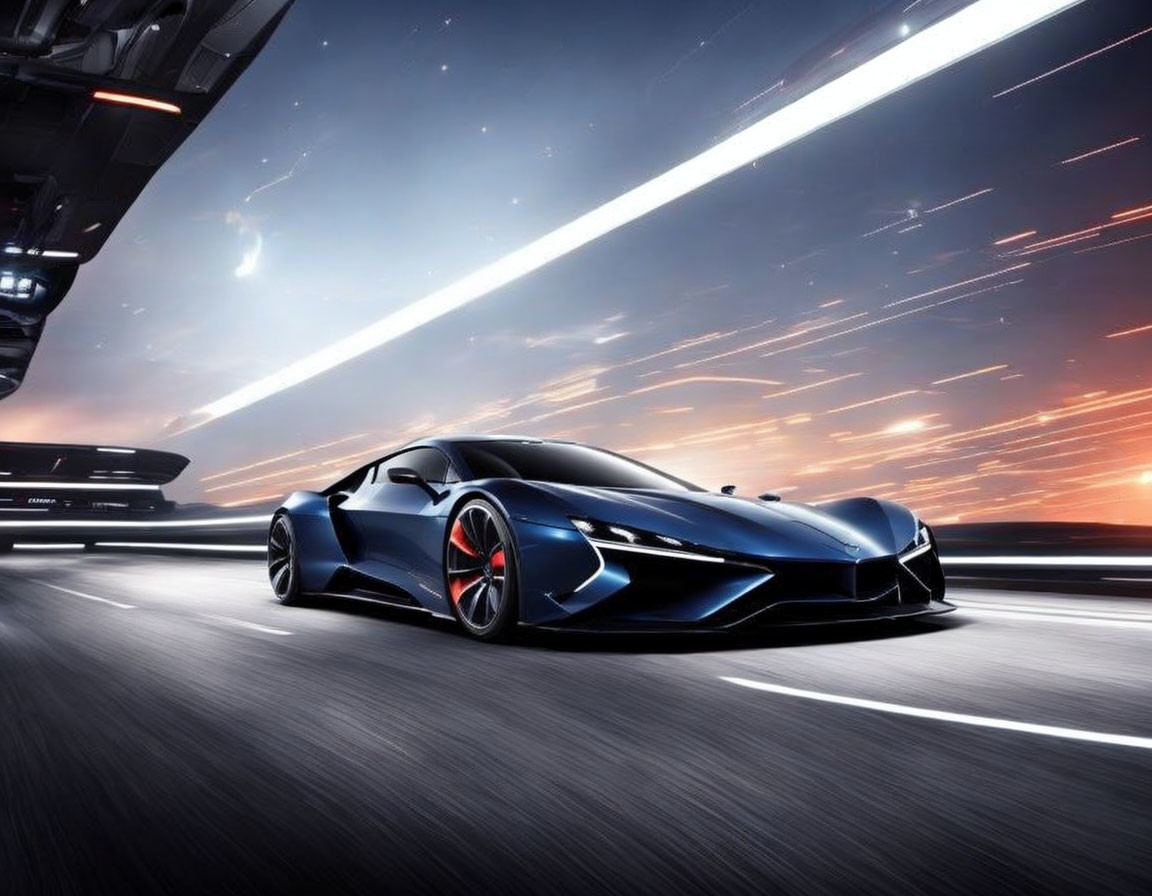 Blue sports car racing on futuristic track at dusk