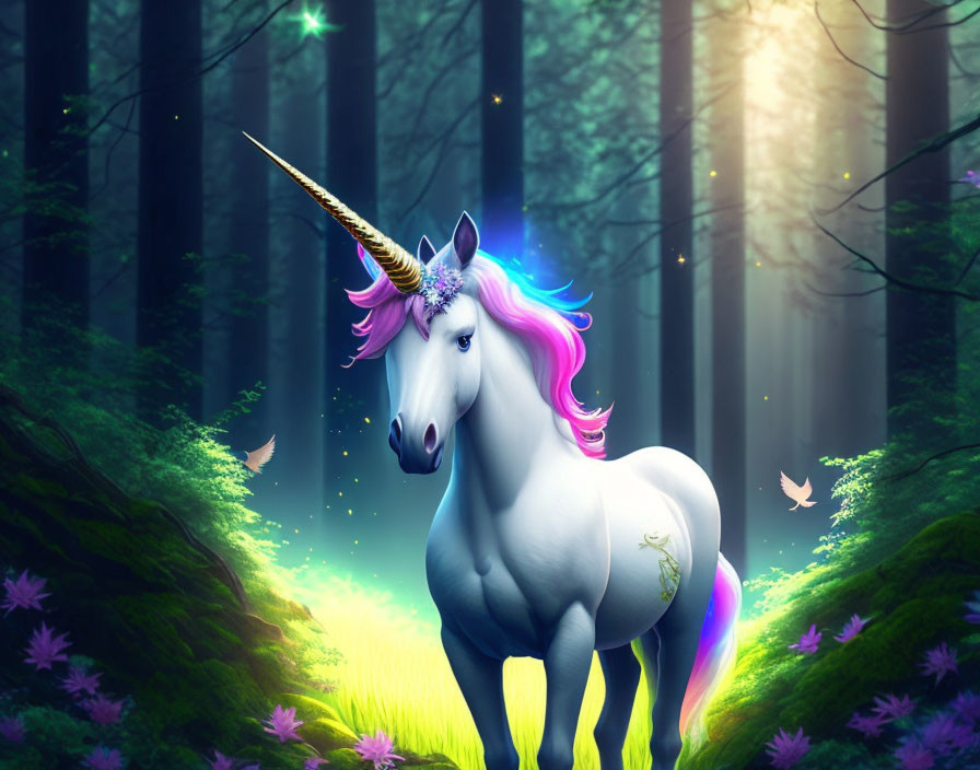 Colorful unicorn in enchanted forest with rainbow mane and butterflies