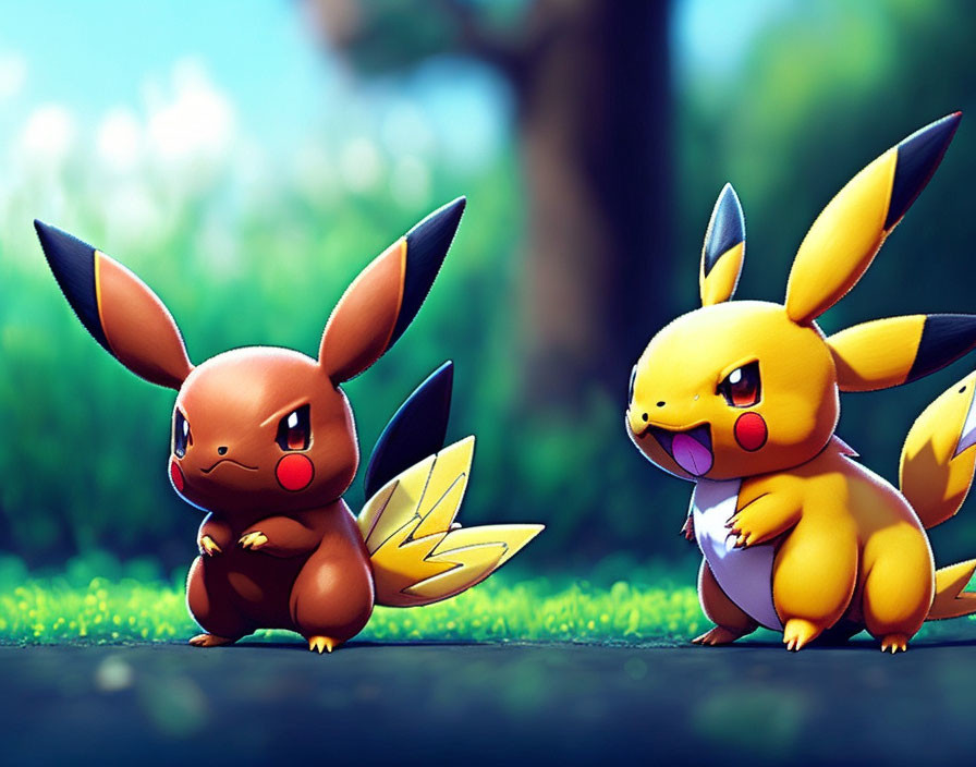 Eevee and Pikachu in friendly pose outdoors with lush greenery