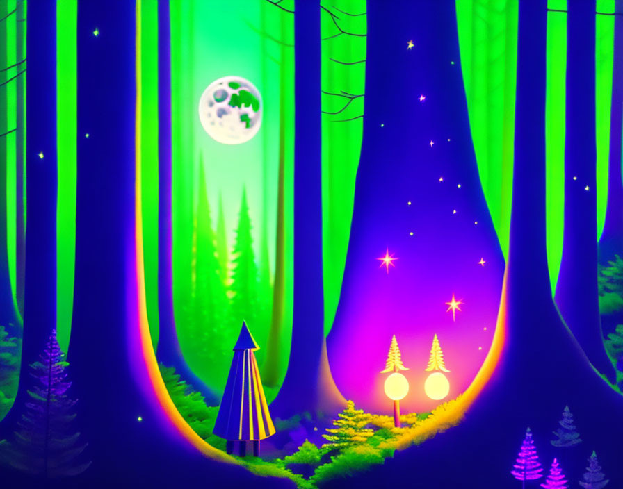 Neon-lit forest with glowing trees under moonlit sky