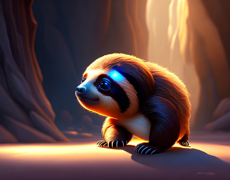 Adorable wide-eyed sloth with glowing blue patches in forest sunlight