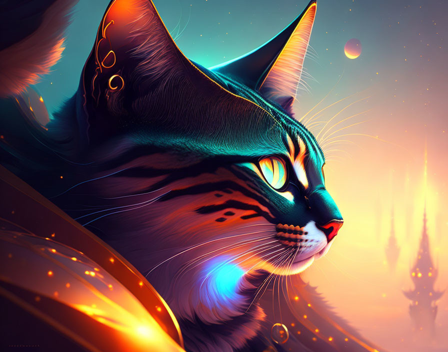 Majestic cat with blue eyes in cosmic setting