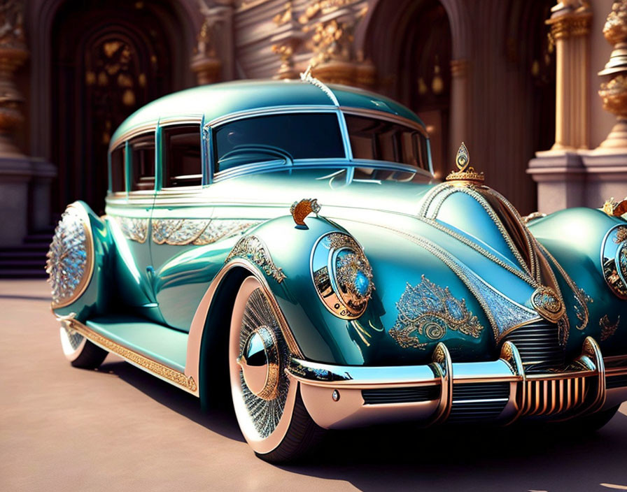 Luxurious vintage teal car with gold embellishments parked in front of opulent building.