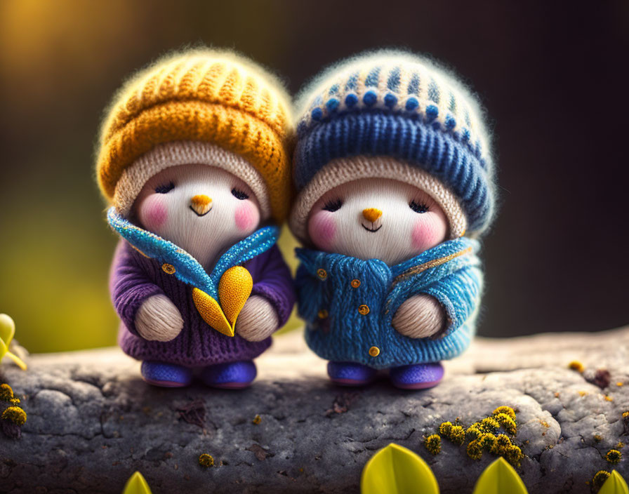 Knitted bird dolls in blue jackets and colorful hats on branch with soft lighting.