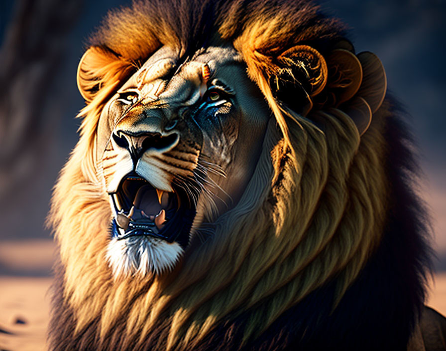 Majestic lion with full mane roaring in close-up view