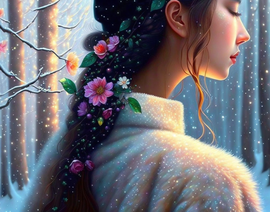 Woman with Flowers in Hair Serenely Gazing at Falling Snowflakes in Wintry Forest
