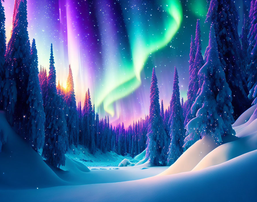 Northern Lights Shine Over Snowy Forest at Sunset