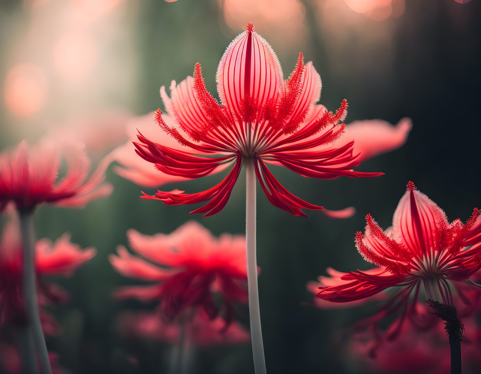 Blooming Red Spider Lily Flowers with Soft Bokeh Background in Tranquil Garden