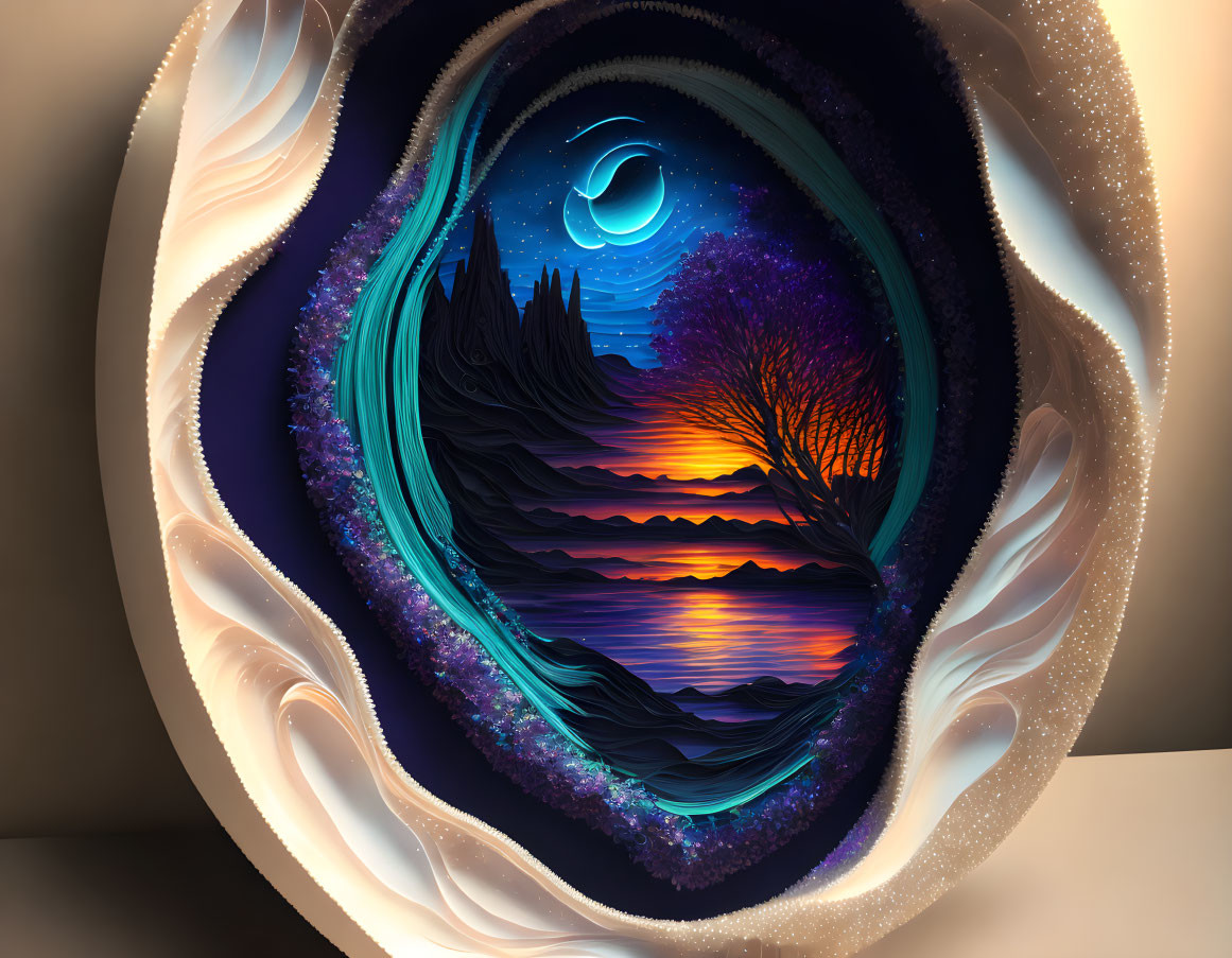 Surreal landscape in egg-shaped portal with night sky and crescent moon