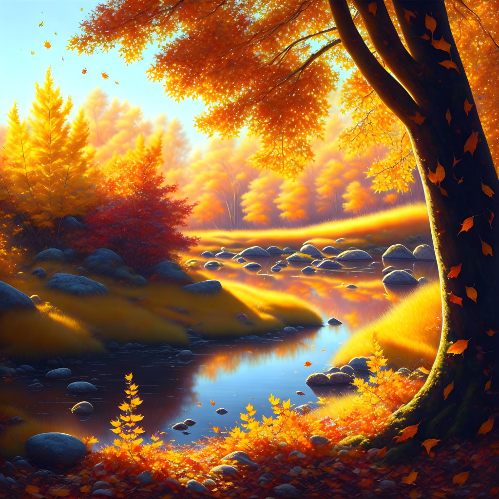 Tranquil autumn forest with river and fallen leaves