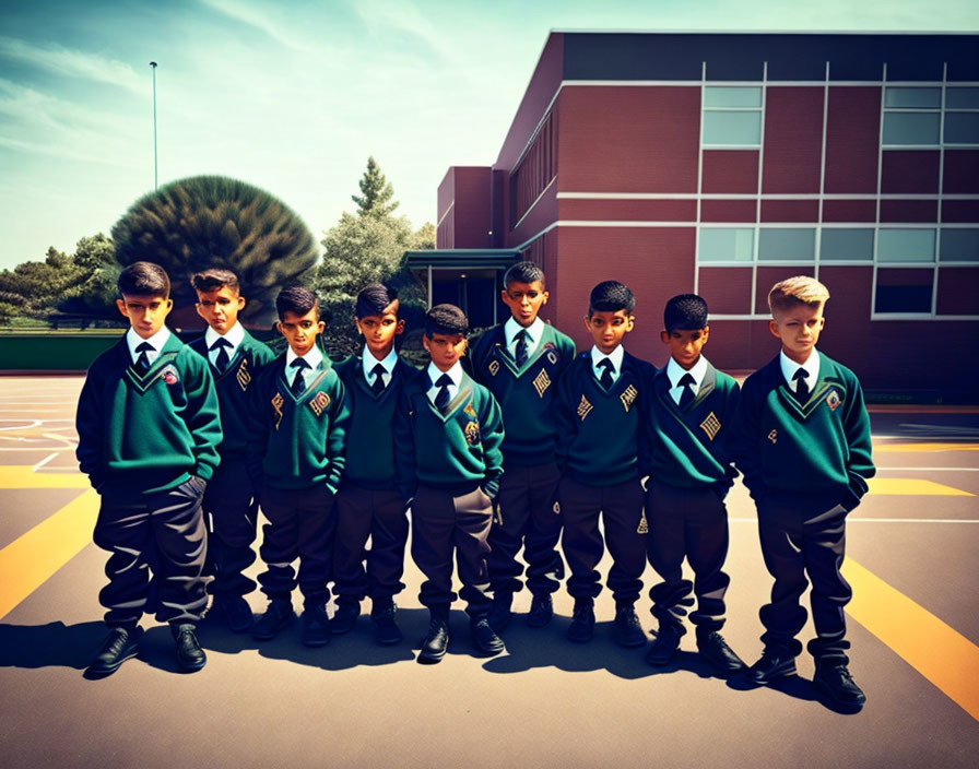 Schoolboys in uniform with sweaters and badges standing in a row outdoors