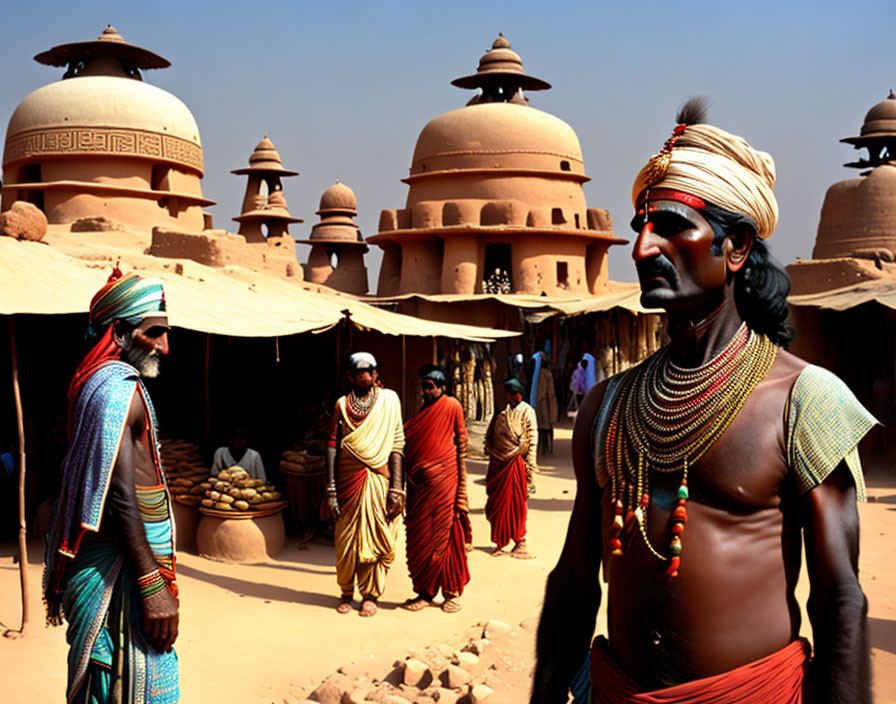 Men in traditional attire with unique headgear in market setting with mud structures and conical towers.