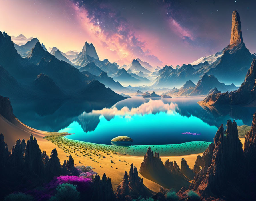 Surreal landscape with serene lake, mountains, twilight sky, and vibrant field