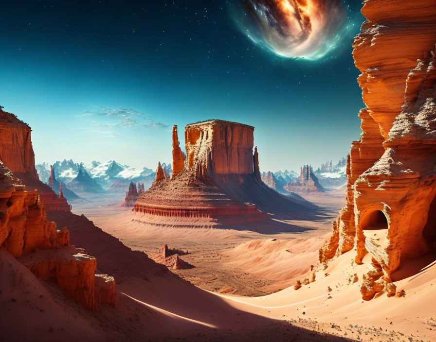 Desert landscape with red rock formations under blue sky and celestial body