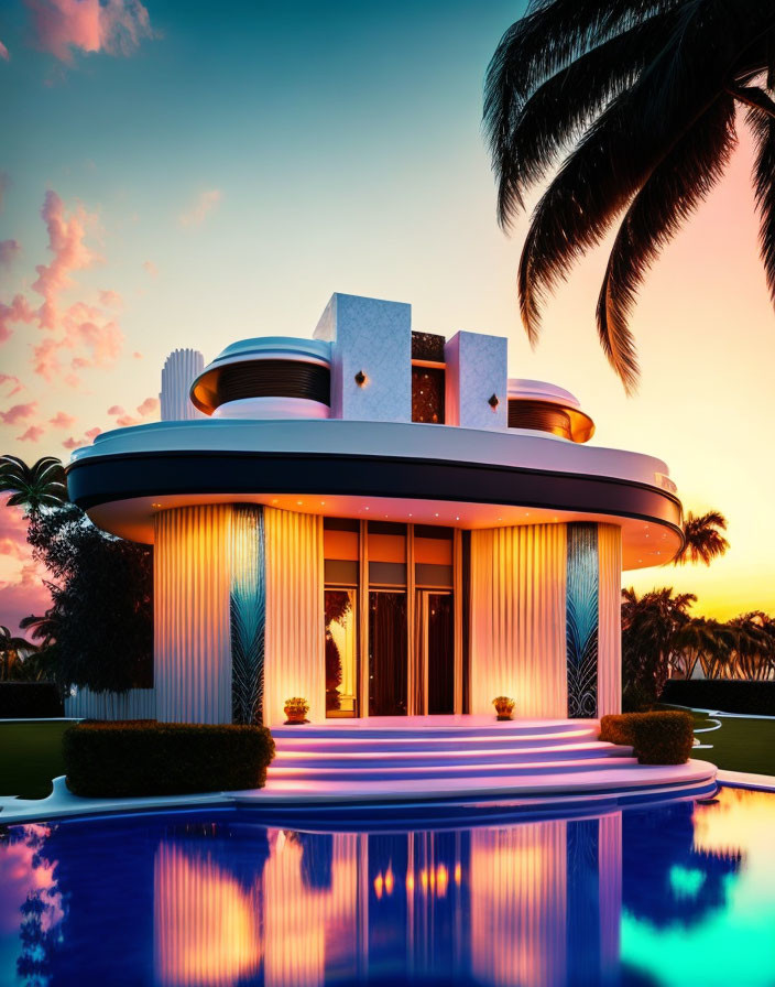 Luxurious modern house with illuminated interiors, reflective pool, tropical palms, vibrant sky