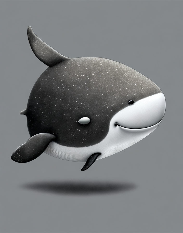 Whimsical whale digital artwork with starry night sky body on grey background