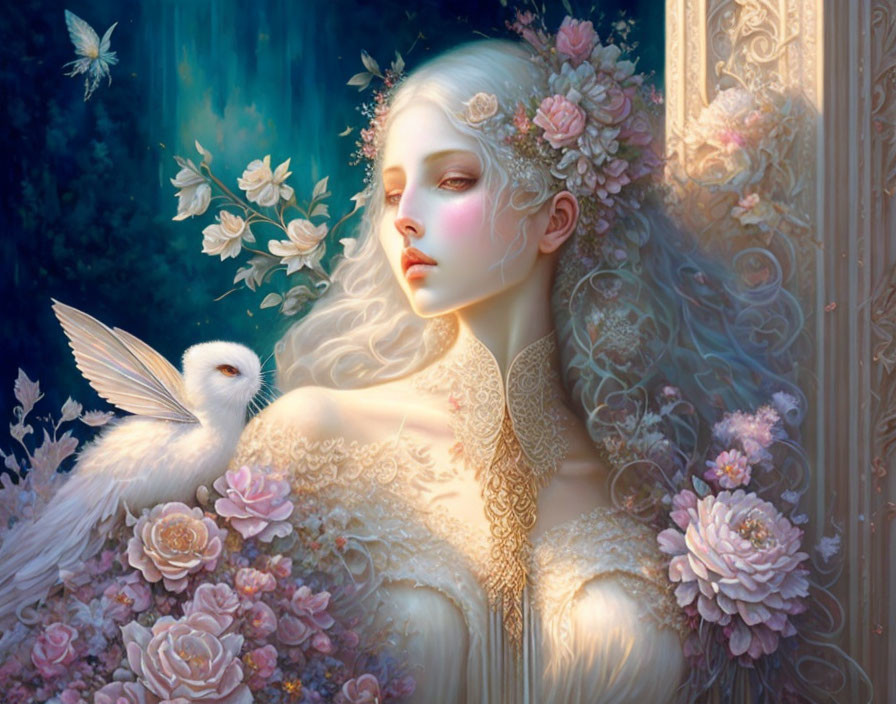 Fantasy illustration of pale-skinned woman with white hair and flowers, accompanied by white owl in floral