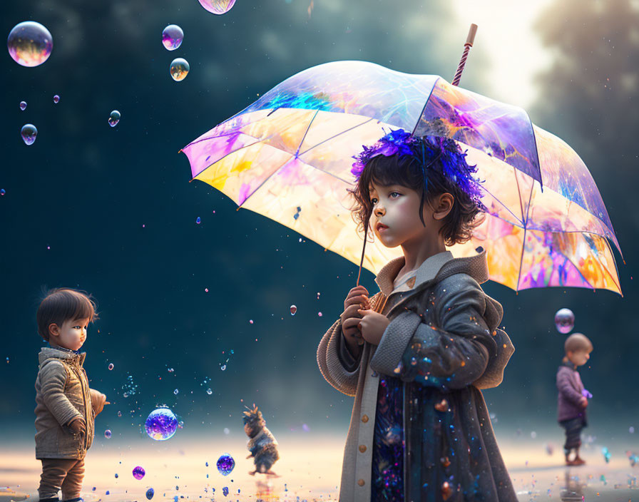 Children with colorful umbrella and bubbles under dramatic sky
